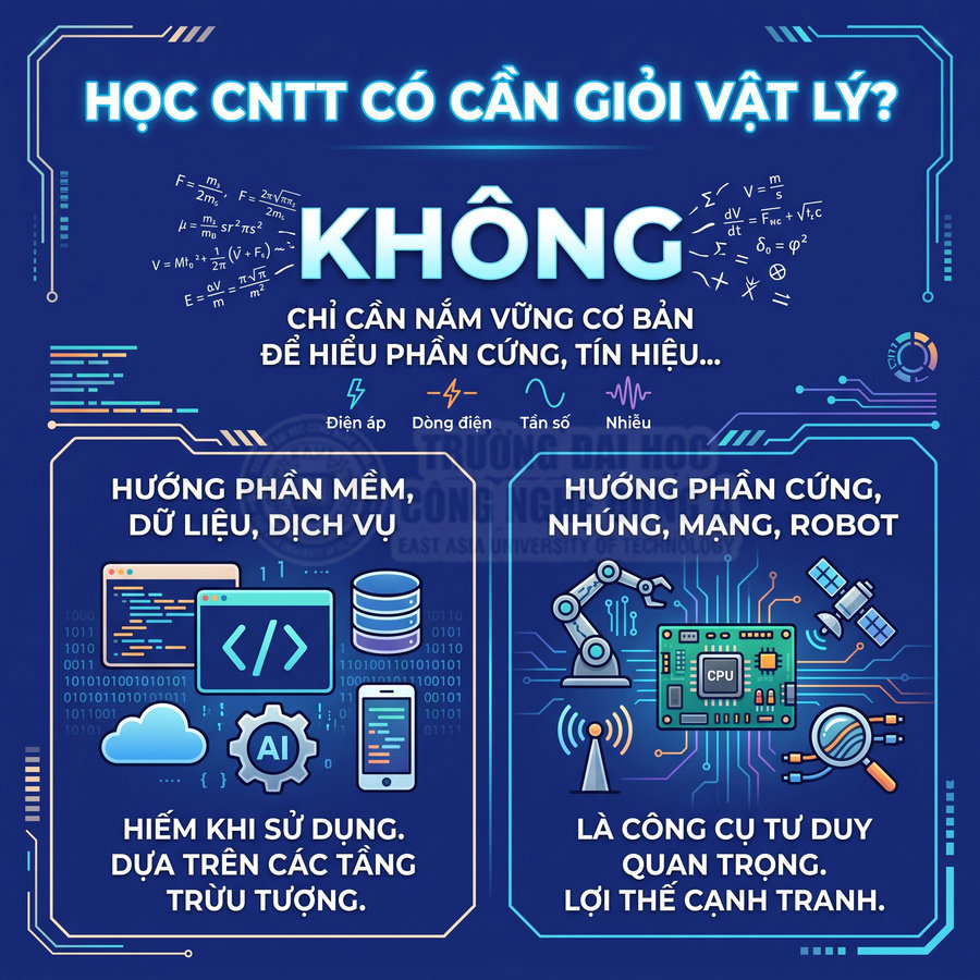 Infographic giải thích học công nghệ thông tin không cần giỏi vật lý, mô tả hướng phần mềm và phần cứng, nhúng, robot