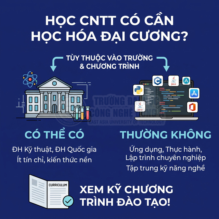 Infographic giải thích học CNTT có cần học Hóa đại cương, so sánh các trường kỹ thuật và chương trình ứng dụng