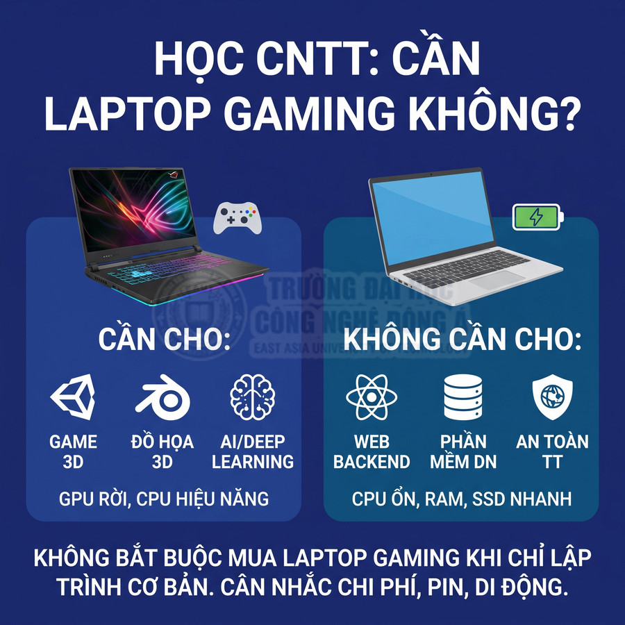 So sánh laptop gaming và laptop văn phòng cho sinh viên CNTT, nêu nhu cầu cấu hình theo từng lĩnh vực học