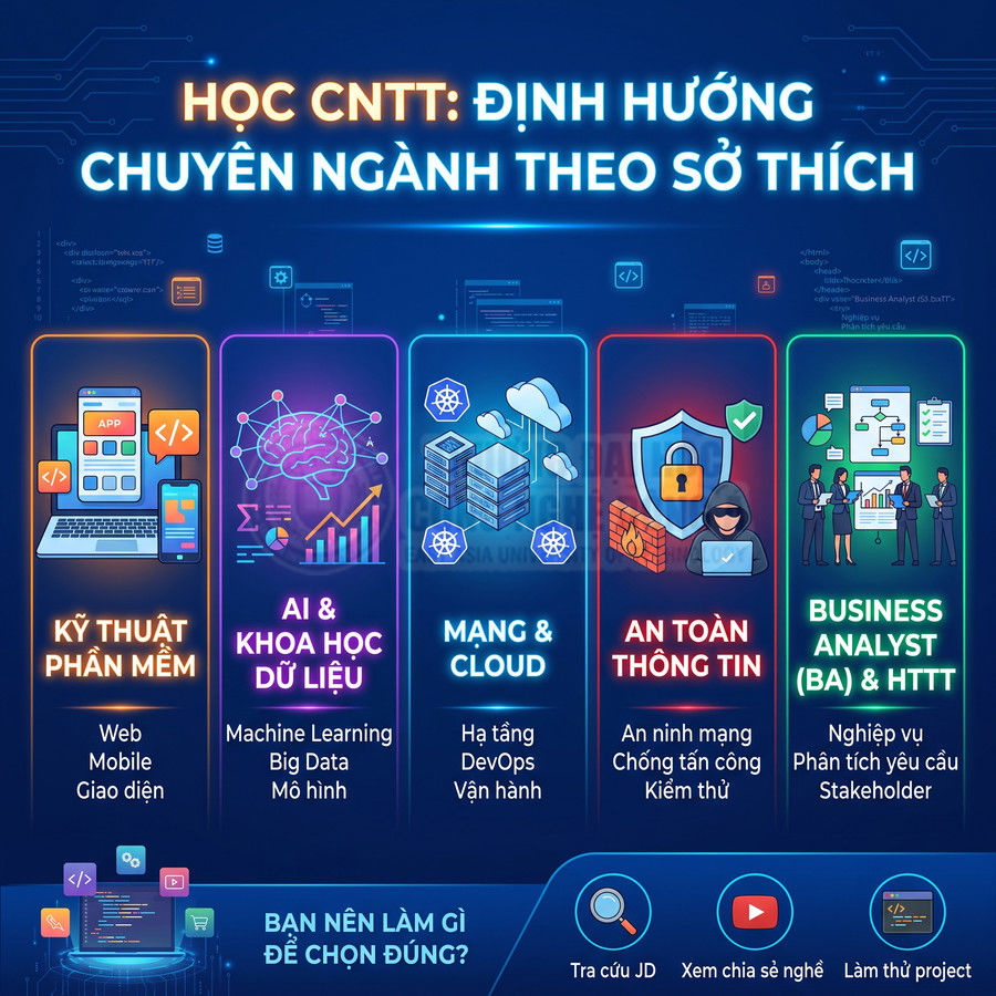 Infographic định hướng các chuyên ngành học CNTT theo sở thích như phần mềm, AI, dữ liệu, mạng, bảo mật, BA