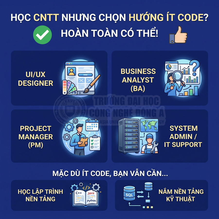 Các hướng nghề CNTT ít code như UI UX designer, BA, PM, System Admin IT Support và kỹ năng lập trình nền tảng