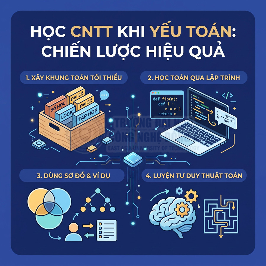 Infographic chiến lược học CNTT khi yếu toán với sách toán, laptop lập trình và sơ đồ tư duy thuật toán