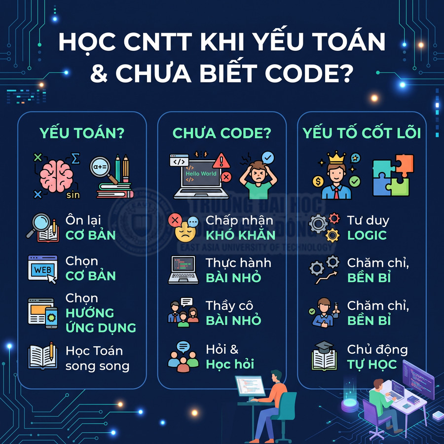 Infographic hướng dẫn học công nghệ thông tin khi yếu toán và chưa biết lập trình, nêu các bước ôn cơ bản và rèn tư duy logic