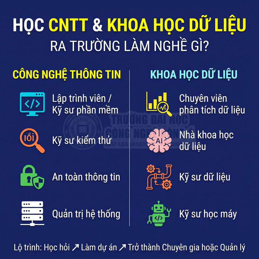 Các nghề nghiệp sau khi học Công nghệ thông tin và Khoa học dữ liệu như lập trình viên, chuyên viên phân tích dữ liệu và kỹ sư học máy