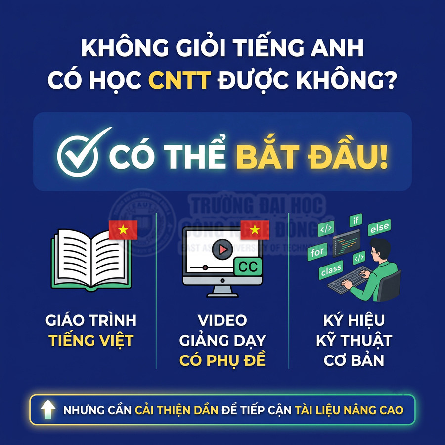 Poster tuyển sinh CNTT cho người không giỏi tiếng Anh với giáo trình tiếng Việt, video phụ đề và ký hiệu kỹ thuật cơ bản