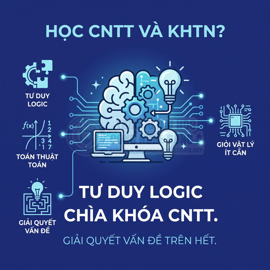 Poster học CNTT và KHTN nhấn mạnh tư duy logic, toán thuật toán và giải quyết vấn đề với minh họa não bộ, bóng đèn, máy tính