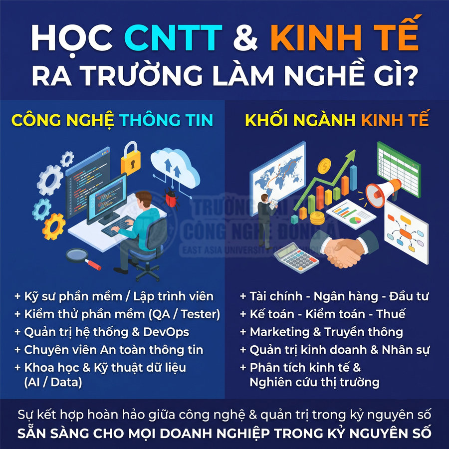 Các nghề nghiệp sau khi học Công nghệ thông tin và Kinh tế như lập trình, an ninh mạng, tài chính, kế toán, marketing và quản trị doanh nghiệp.