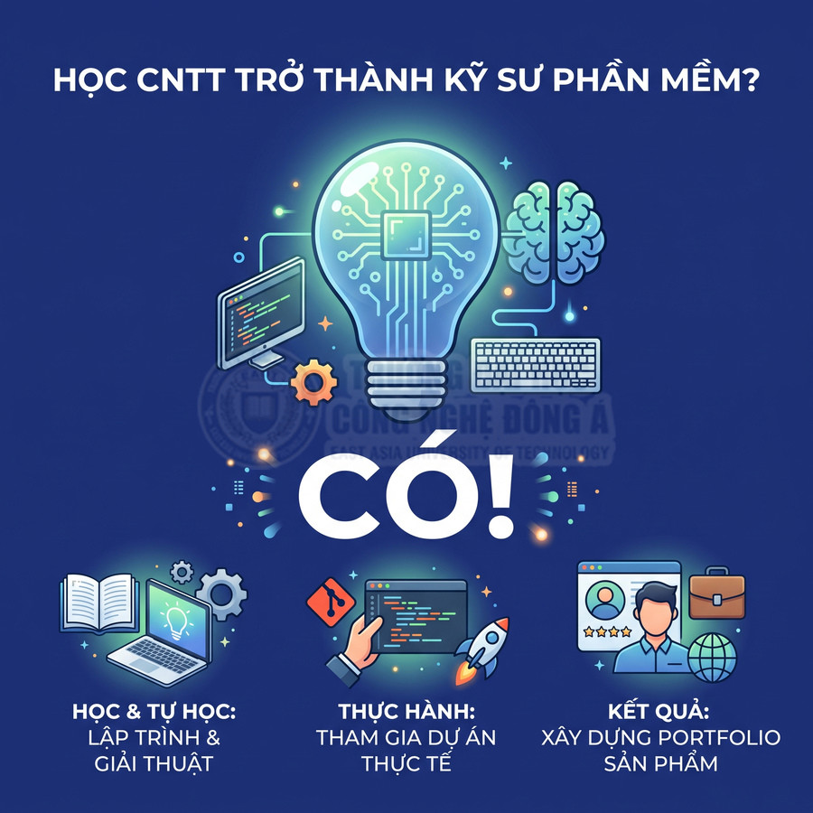 Poster học CNTT trở thành kỹ sư phần mềm với lộ trình tự học, thực hành dự án và xây dựng portfolio sản phẩm