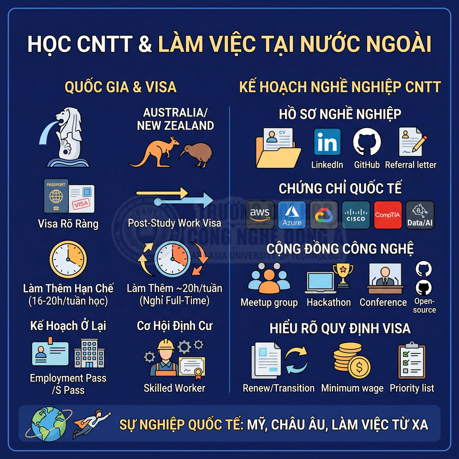 Infographic lộ trình học CNTT và làm việc tại nước ngoài, visa, chứng chỉ quốc tế AWS Azure Cisco CompTIA Data AI