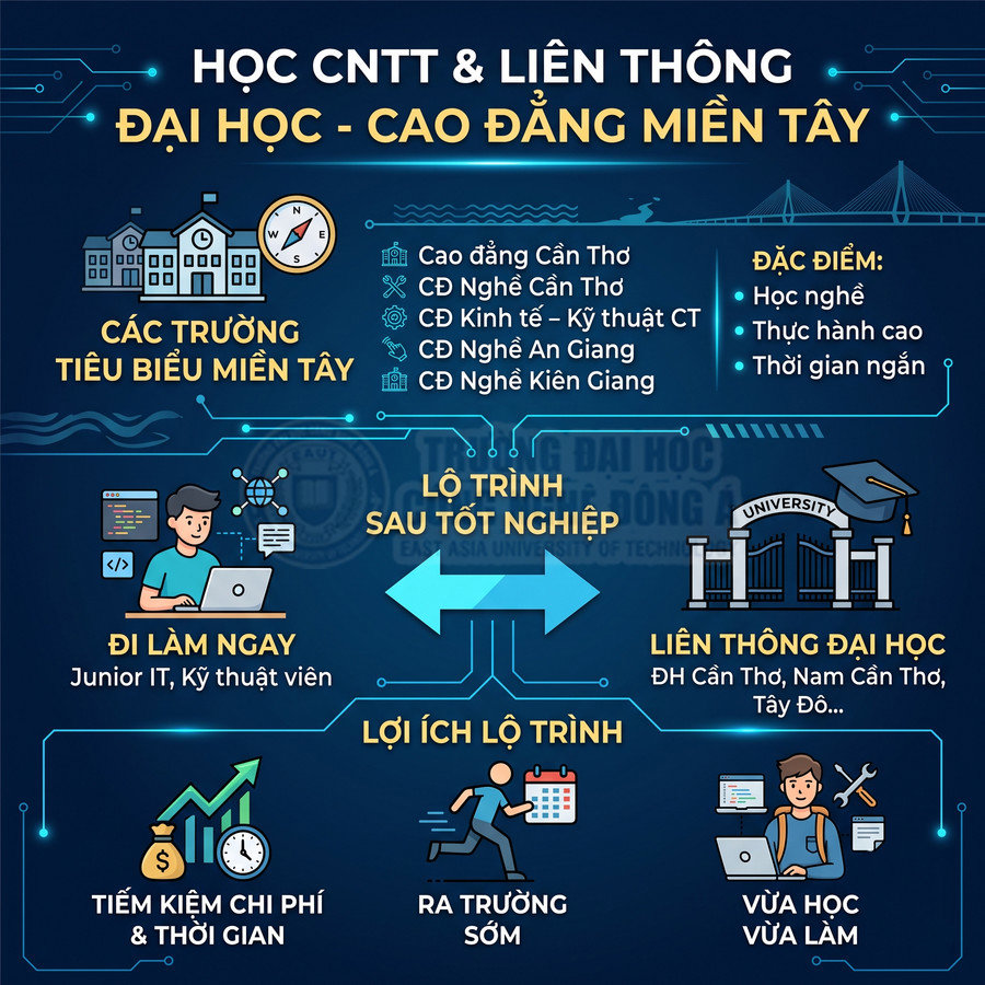 Poster giới thiệu lộ trình học CNTT cao đẳng miền Tây, đi làm sớm hoặc liên thông đại học, tiết kiệm chi phí thời gian