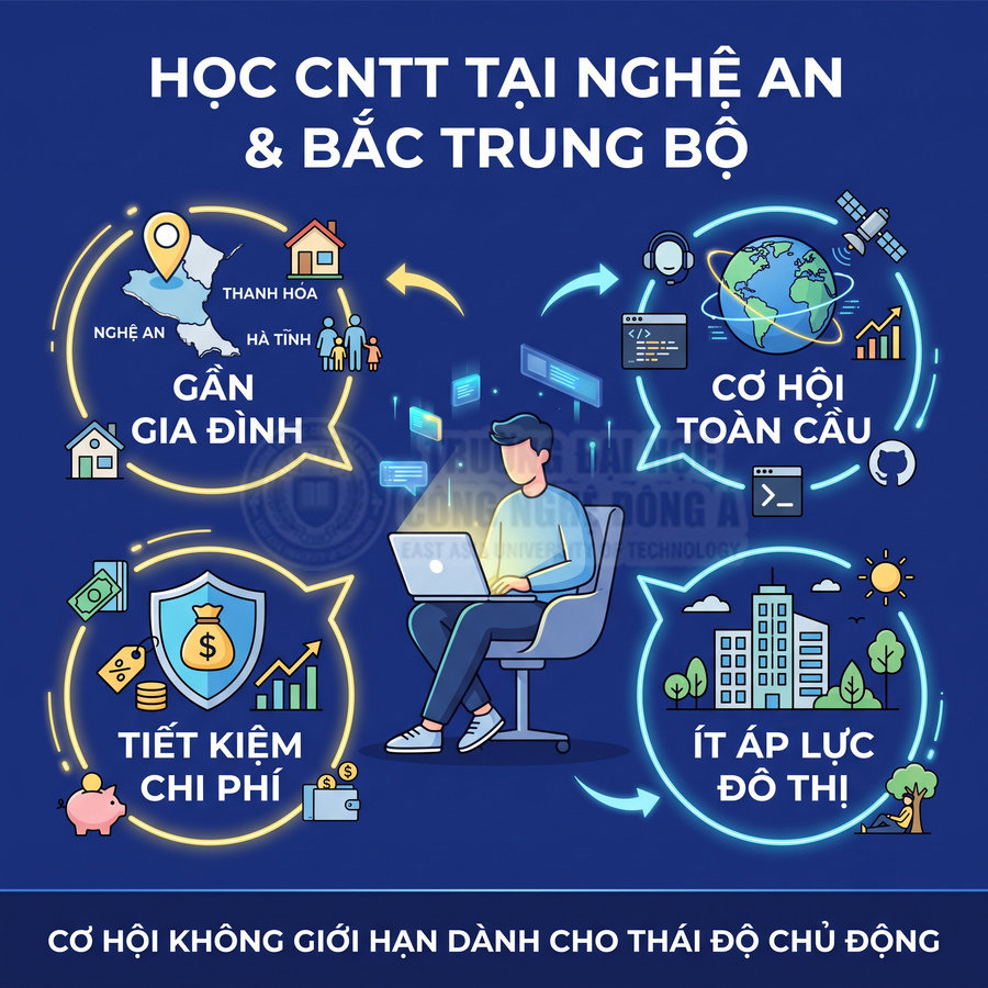Poster tuyển sinh ngành CNTT tại Nghệ An và Bắc Trung Bộ với lợi ích gần gia đình, tiết kiệm chi phí, cơ hội toàn cầu