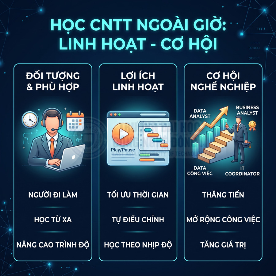 Banner giới thiệu khóa học CNTT ngoài giờ linh hoạt cho người đi làm, học từ xa và phát triển cơ hội nghề nghiệp