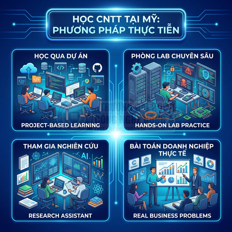 Infographic phương pháp học CNTT tại Mỹ với học qua dự án, lab chuyên sâu, nghiên cứu và bài toán doanh nghiệp