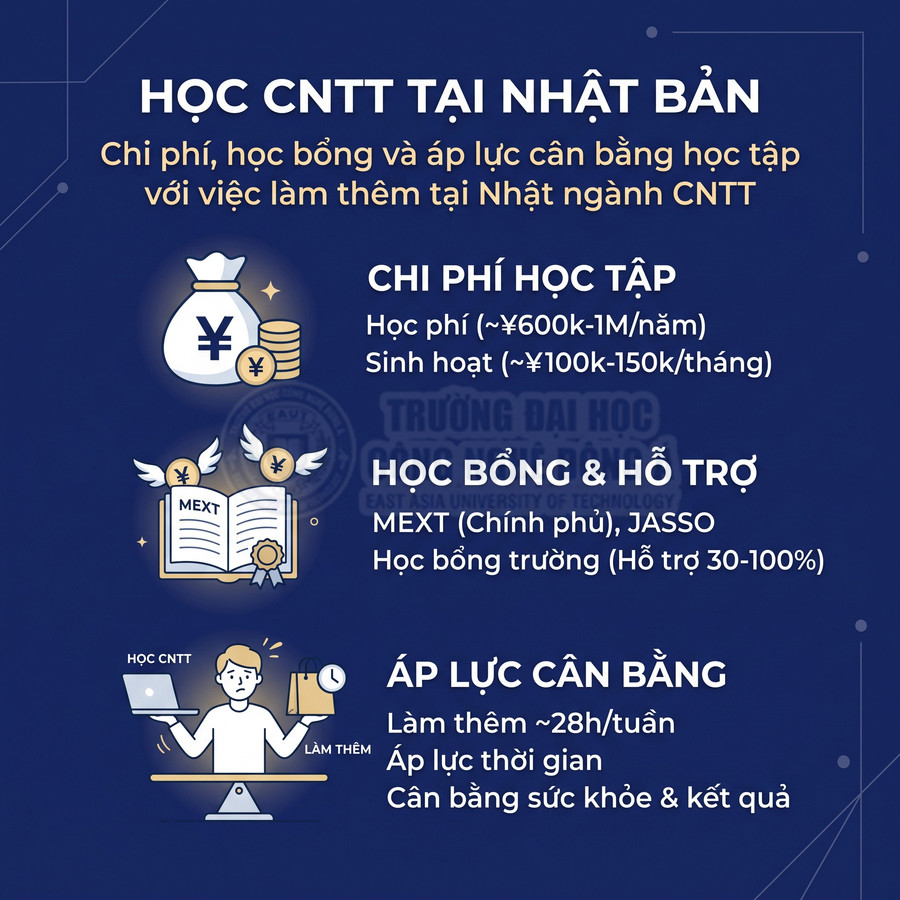 Infographic giới thiệu chi phí, học bổng và áp lực cân bằng khi học ngành CNTT tại Nhật Bản