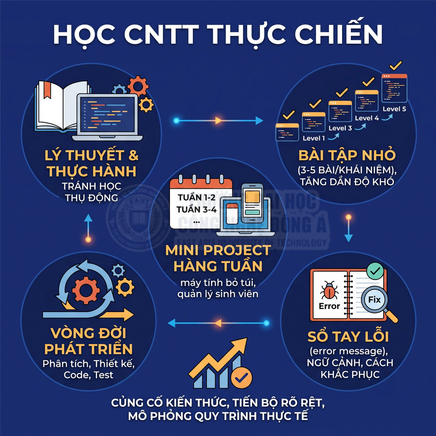 Infographic lộ trình học CNTT thực chiến với lý thuyết, bài tập nhỏ, mini project, vòng đời phát triển và sổ tay lỗi