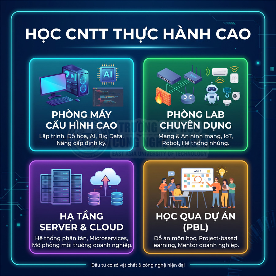 Poster giới thiệu chương trình học CNTT thực hành cao với phòng máy cấu hình cao, lab chuyên dụng, hạ tầng server cloud, học qua dự án