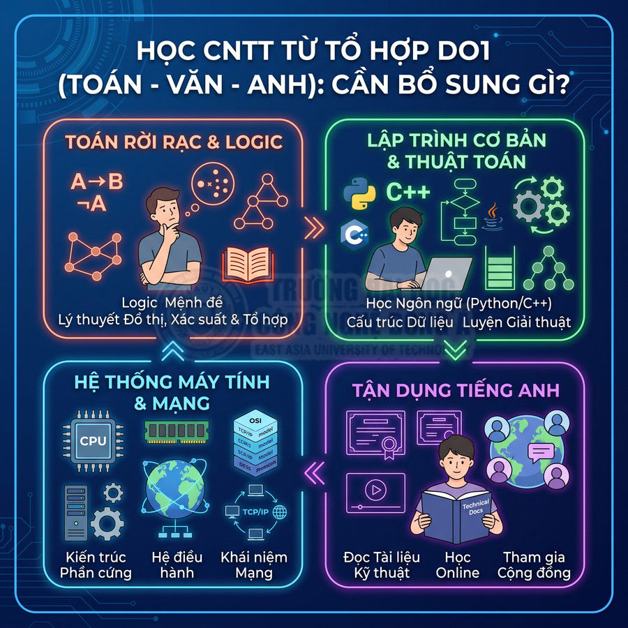 Infographic lộ trình học CNTT từ tổ hợp D01 với toán rời rạc, lập trình, hệ thống mạng và kỹ năng tiếng Anh