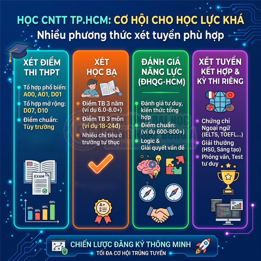 Infographic các phương thức xét tuyển ngành CNTT TP.HCM cho học sinh học lực khá