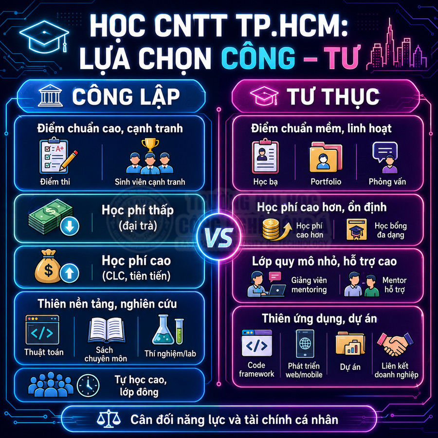 So sánh học CNTT TP.HCM giữa trường công lập và tư thục về điểm chuẩn, học phí, quy mô lớp và định hướng đào tạo