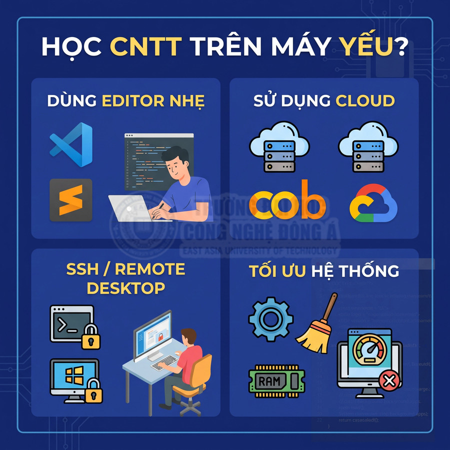 Infographic mẹo học CNTT trên máy yếu với editor nhẹ, dùng cloud, SSH remote desktop và tối ưu hệ thống