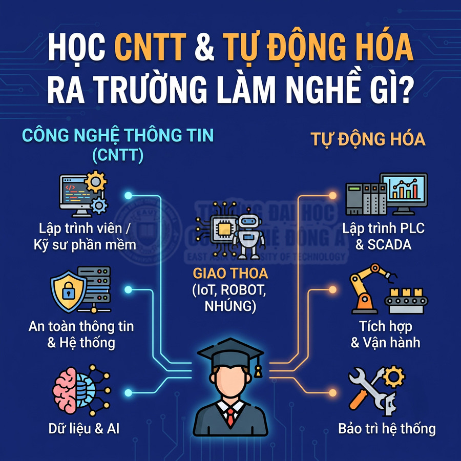 Các nghề sau khi học CNTT và tự động hóa gồm lập trình, an toàn thông tin, dữ liệu và AI, PLC, SCADA, tích hợp và bảo trì hệ thống
