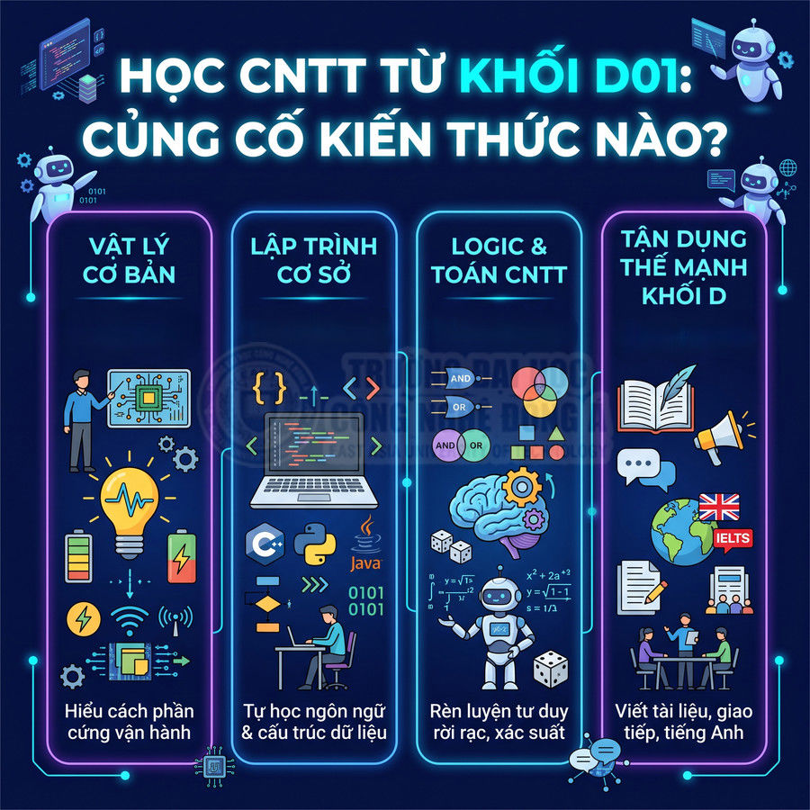 Infographic kiến thức cần củng cố khi học công nghệ thông tin từ khối D01 với các môn lý, lập trình, toán và kỹ năng mềm