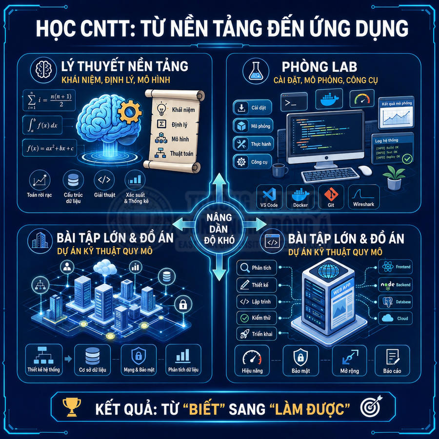Infographic lộ trình học CNTT từ lý thuyết nền tảng, phòng lab đến bài tập lớn và đồ án ứng dụng thực tế