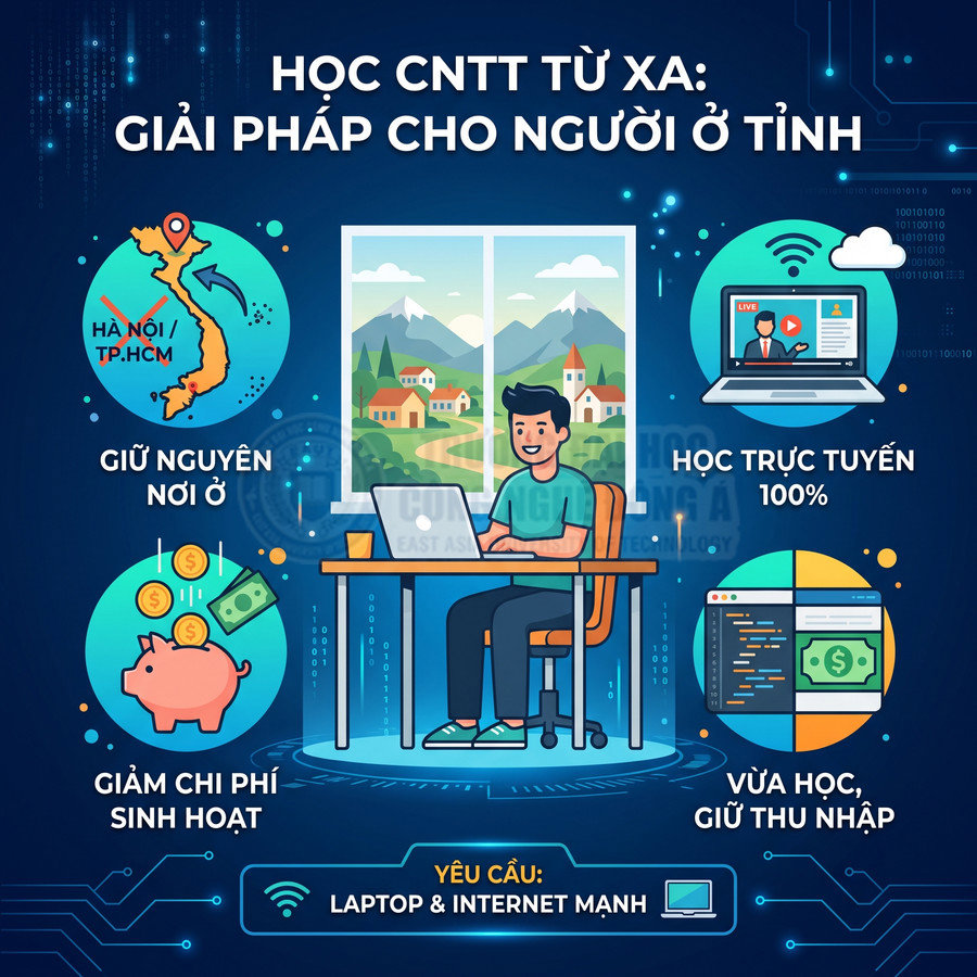 Học CNTT từ xa cho người ở tỉnh với laptop và internet mạnh, học trực tuyến 100% và tiết kiệm chi phí