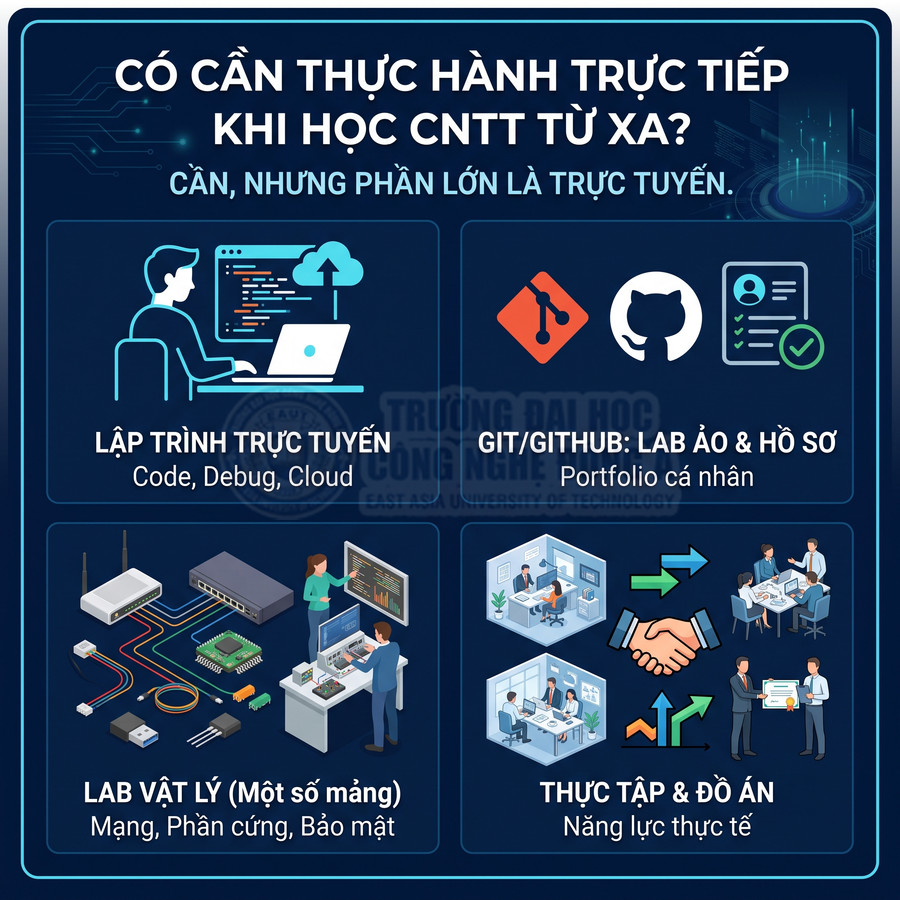Infographic học CNTT từ xa với lập trình trực tuyến, GitHub, lab vật lý, thực tập và đồ án nâng cao năng lực thực tế