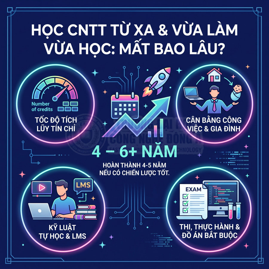 Infographic thời gian học CNTT từ xa vừa làm vừa học 4 đến 6 năm với các yếu tố ảnh hưởng và yêu cầu học tập