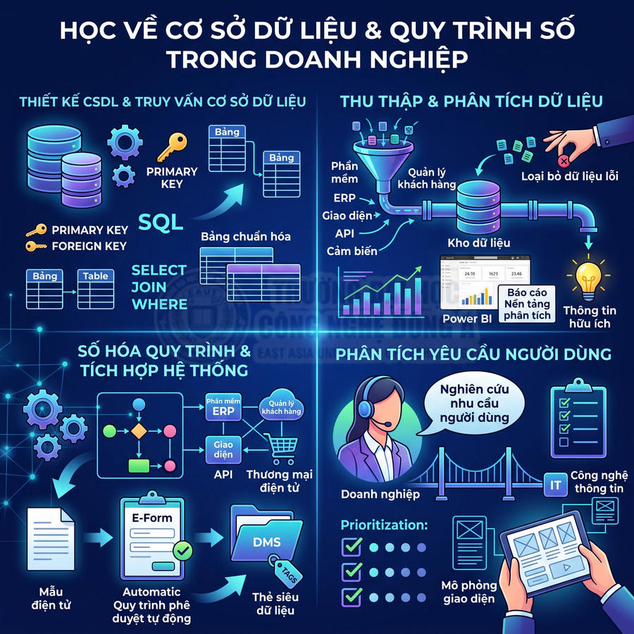 Infographic quy trình học cơ sở dữ liệu, thu thập và phân tích dữ liệu, số hóa quy trình trong doanh nghiệp
