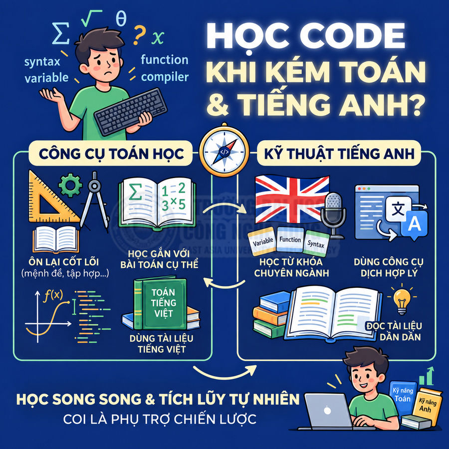 Hướng dẫn học code khi kém toán và tiếng Anh với công cụ toán học và kỹ thuật tiếng Anh hỗ trợ