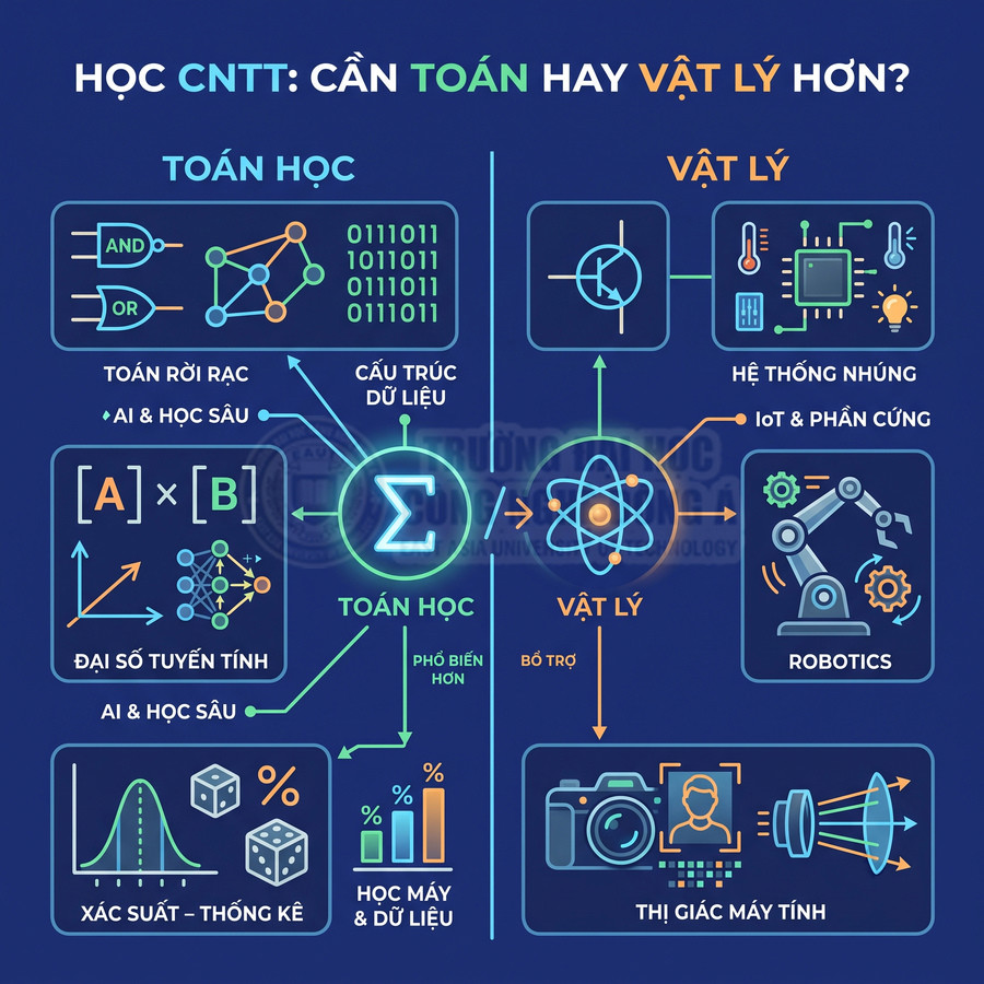 Infographic so sánh vai trò toán học và vật lý trong ngành công nghệ thông tin, AI, IoT và robotics