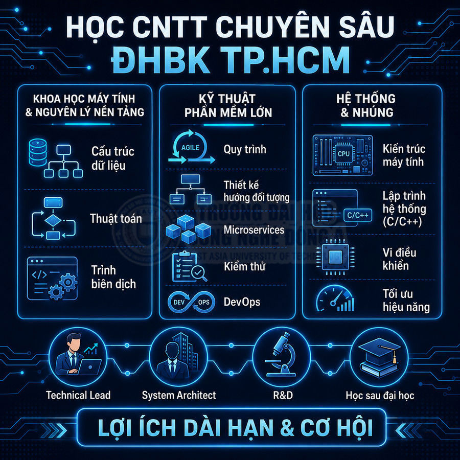 Infographic chương trình học CNTT chuyên sâu ĐHBK TP.HCM với các chuyên ngành, kỹ năng và cơ hội nghề nghiệp