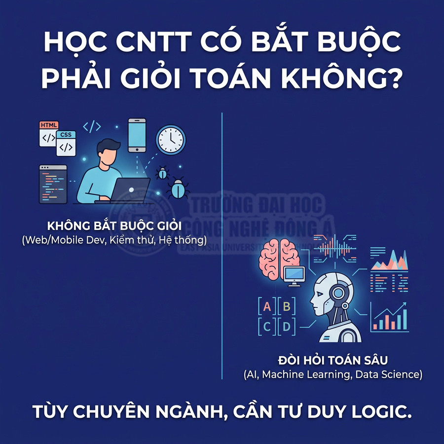 Infographic học CNTT có cần giỏi toán, so sánh ngành ít cần toán và ngành AI Machine Learning Data Science