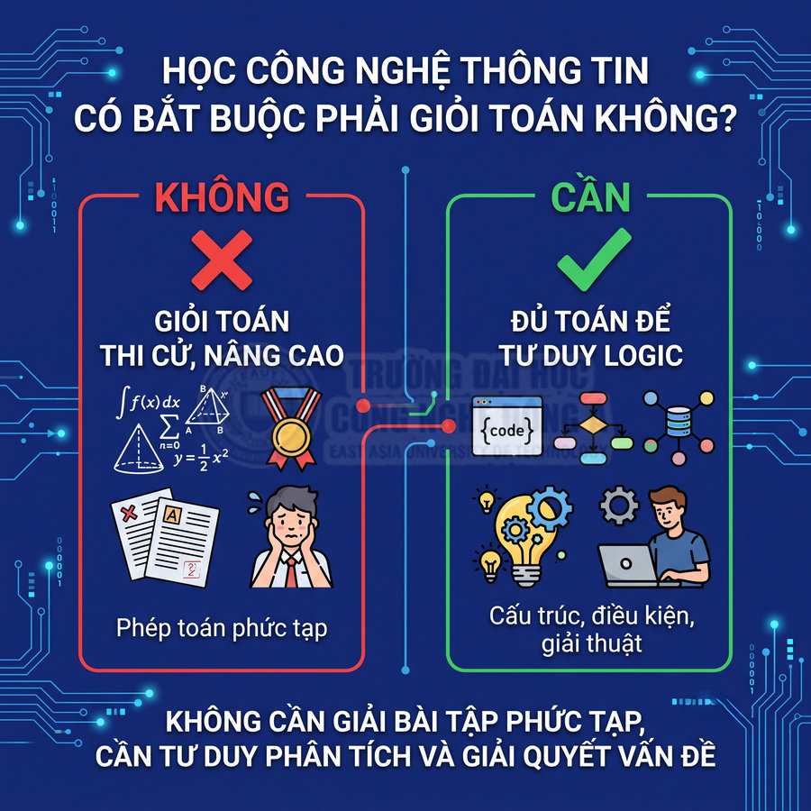 Infographic giải thích học công nghệ thông tin không cần giỏi toán nâng cao, chỉ cần toán cơ bản để tư duy logic