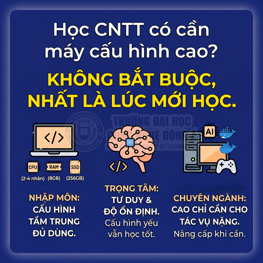 Hình minh họa tư vấn chọn cấu hình laptop và PC khi học công nghệ thông tin, nhấn mạnh không cần máy quá mạnh ban đầu