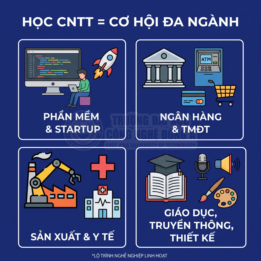 Học CNTT mở rộng cơ hội nghề nghiệp trong phần mềm, ngân hàng, sản xuất, y tế, giáo dục, truyền thông, thiết kế