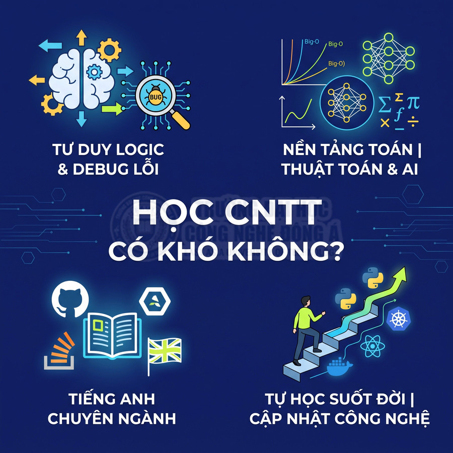 Hình minh họa các kỹ năng cần có khi học công nghệ thông tin như tư duy logic, toán, tiếng Anh và tự học công nghệ