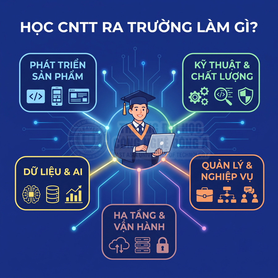 Sinh viên CNTT tốt nghiệp với laptop và các hướng nghề nghiệp phát triển phần mềm, dữ liệu AI, hạ tầng, kỹ thuật, quản lý