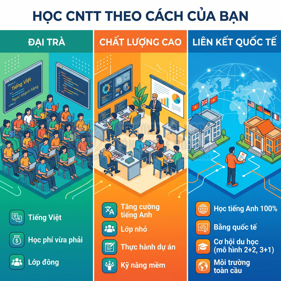 So sánh ba chương trình học CNTT: đại trà, chất lượng cao và liên kết quốc tế với các ưu điểm nổi bật