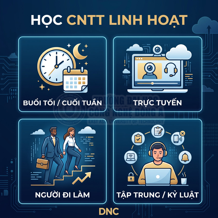 Poster giới thiệu chương trình học CNTT linh hoạt buổi tối cuối tuần, trực tuyến cho người đi làm tại DNC