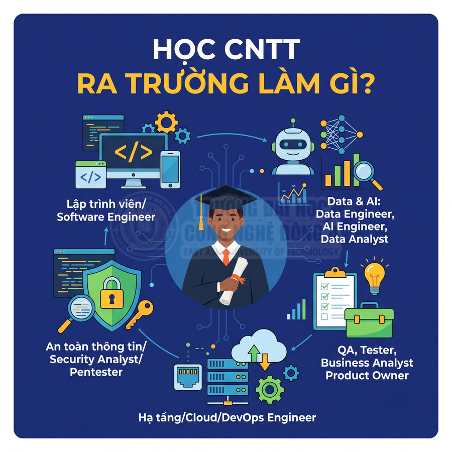 Học CNTT ra trường làm gì với các nghề lập trình viên, data AI, bảo mật, DevOps, QA tester, business analyst