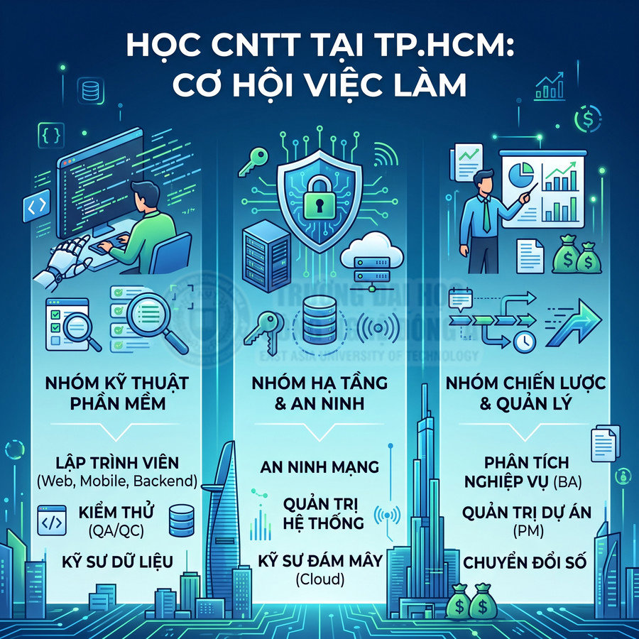 Học CNTT tại TP.HCM với cơ hội việc làm lập trình viên, an ninh mạng, quản trị hệ thống, phân tích nghiệp vụ