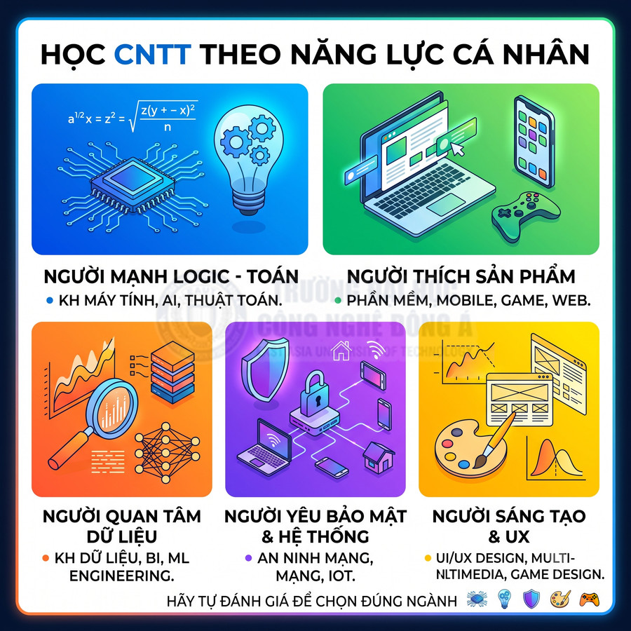 Infographic hướng dẫn chọn ngành học CNTT theo năng lực cá nhân với các nhóm logic, sản phẩm, dữ liệu, bảo mật và sáng tạo UX