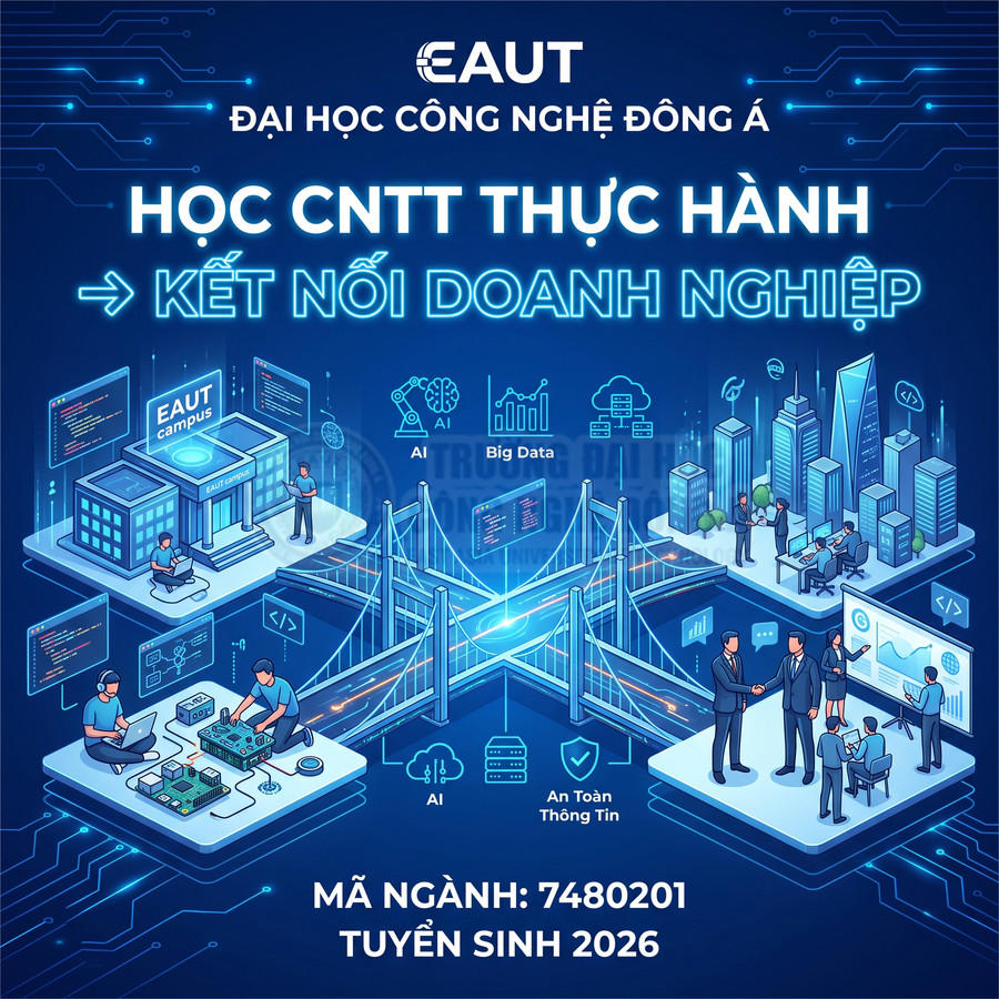 Poster tuyển sinh ngành CNTT thực hành EAUT, kết nối doanh nghiệp, AI Big Data an toàn thông tin năm 2026