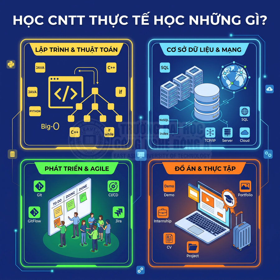 Infographic các mảng kiến thức ngành CNTT gồm lập trình, cơ sở dữ liệu, phát triển Agile và đồ án thực tập