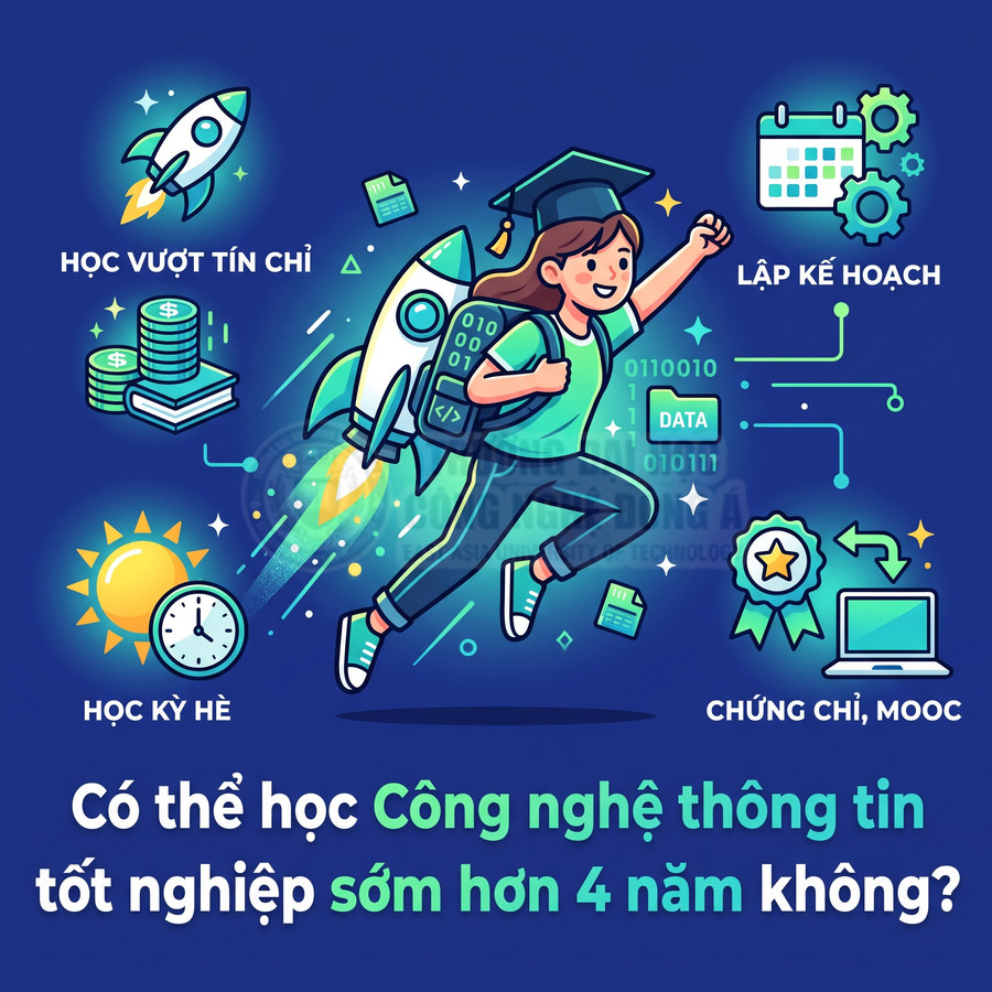 Sinh viên công nghệ thông tin đeo balo tên lửa, đội mũ tốt nghiệp với các biểu tượng học vượt tín chỉ, học kỳ hè, chứng chỉ MOOC