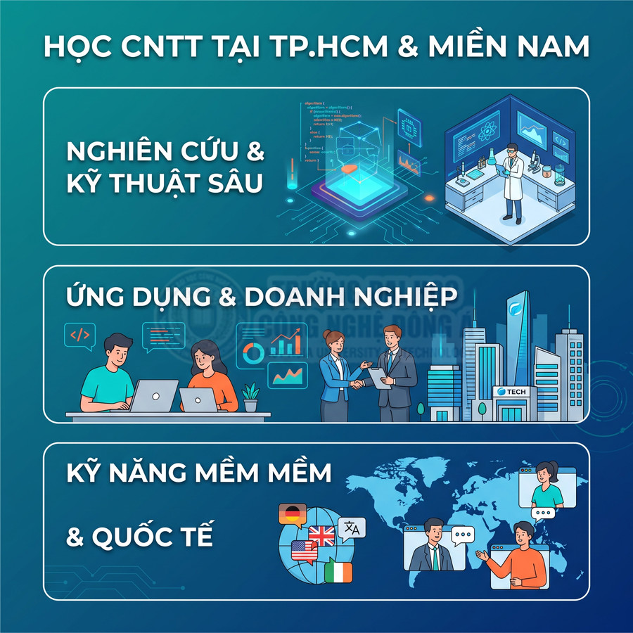 Poster giới thiệu chương trình học CNTT tại TP.HCM và miền Nam với nghiên cứu, ứng dụng doanh nghiệp và kỹ năng mềm quốc tế