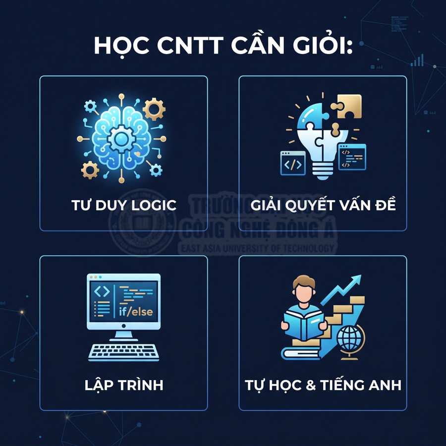 Hình minh họa kỹ năng cần có khi học công nghệ thông tin gồm tư duy logic, giải quyết vấn đề, lập trình, tự học và tiếng Anh